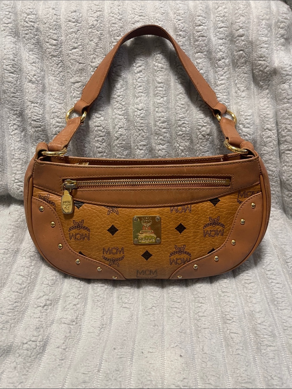 MCM Cognac/Tan Visetos Crescent Shoulder Bag with Gold Hardware